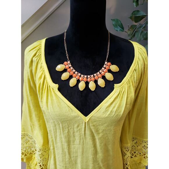 Women's Unique Spectrum 1X Yellow Boho Peasant Blouse Crochet Sleeve Top - Picture 3 of 15